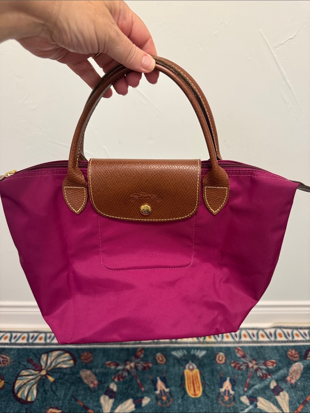 Longchamp small tote in fuchsia with brown trim